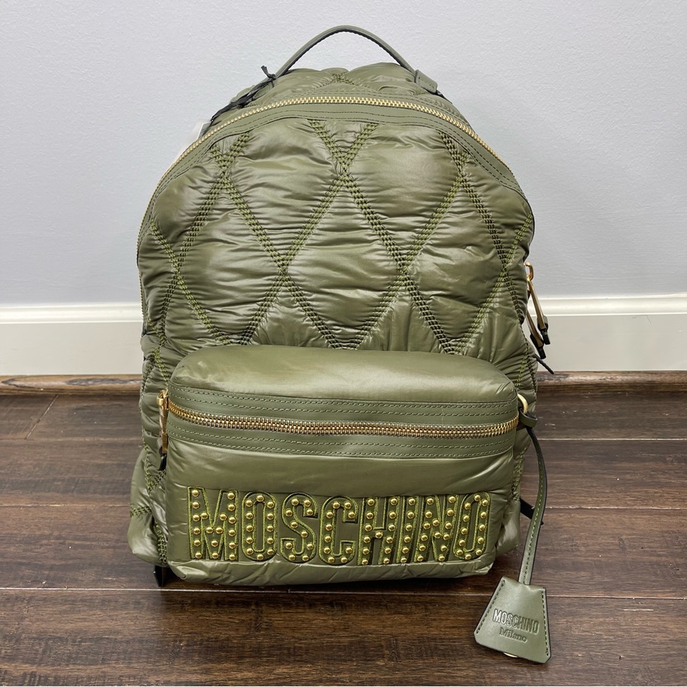 Moschino Green Quilted Nylon Signature Backpack Authentic New